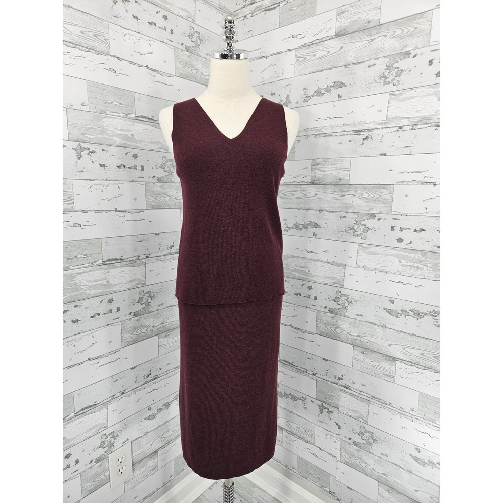 Eileen Fisher Wool Knit Coordinated Set Rib Pencil Skirt V Neck Top Women PM